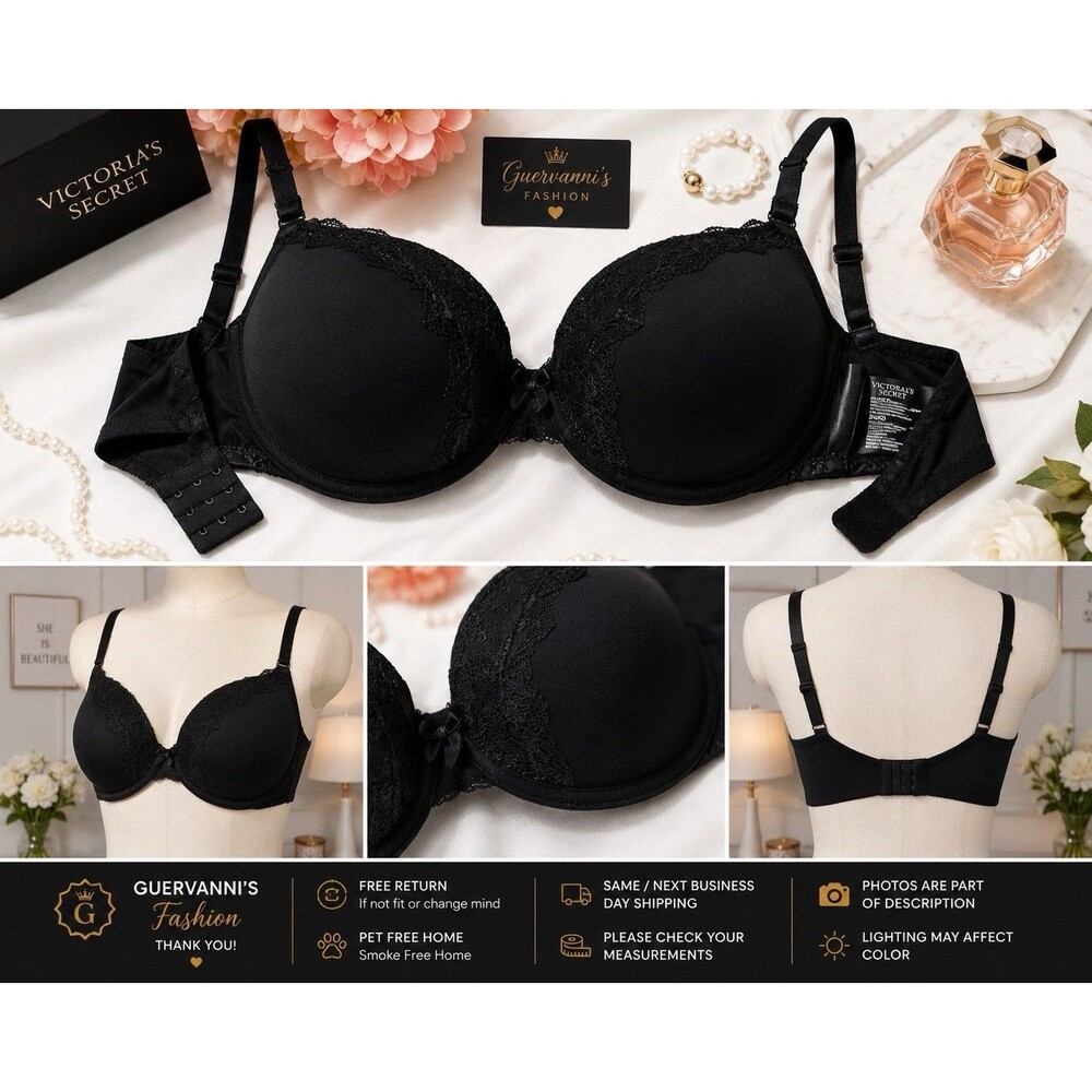 Victoria Secret Bra 36DD Black Lace Underwire Padded full cover adjustable